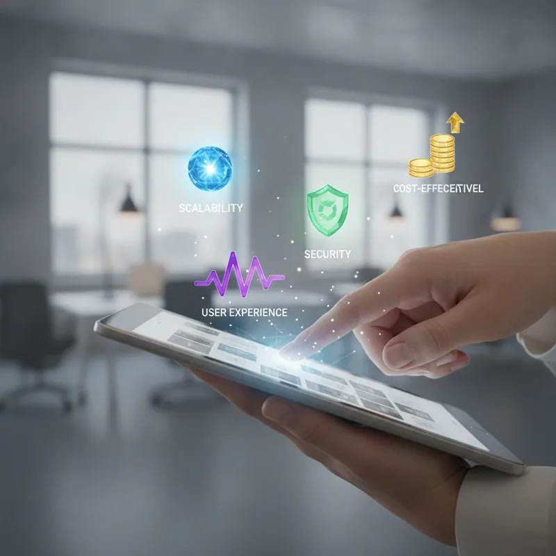 Bir tablet üzerinde e-ticaret altyapısı seçim kriterlerini dikkatlice değerlendiren bir kişinin eli.