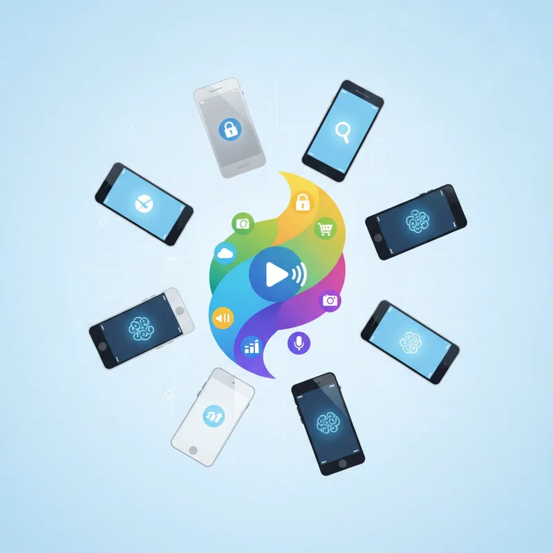 Farklı mobil cihazlar (iOS ve Android) ve çeşitli uygulama özelliklerini (basit ve karmaşık) gösteren modern bir illüstrasyon, uygulama türü ve platform sayısının maliyete etkisini anlatıyor.