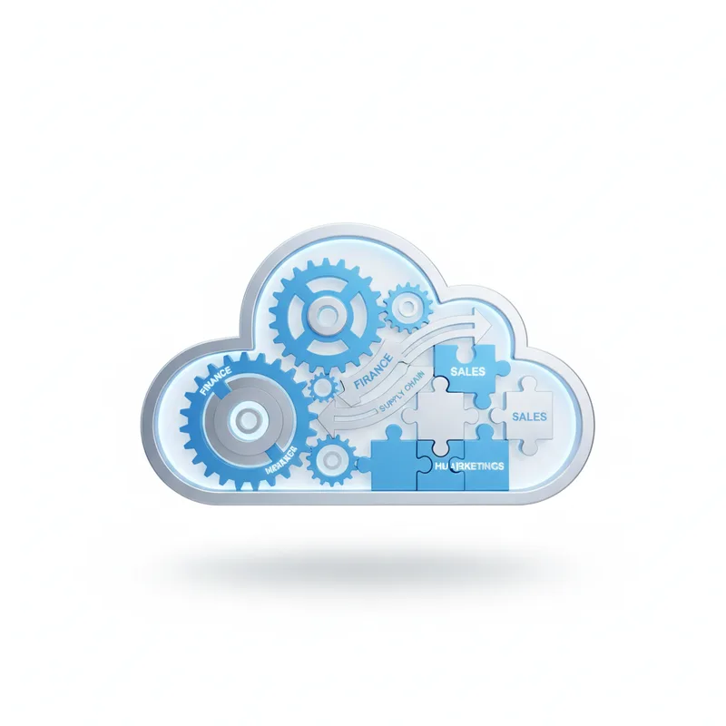 Interconnected gears representing integrated business processes and departments through cloud ERP