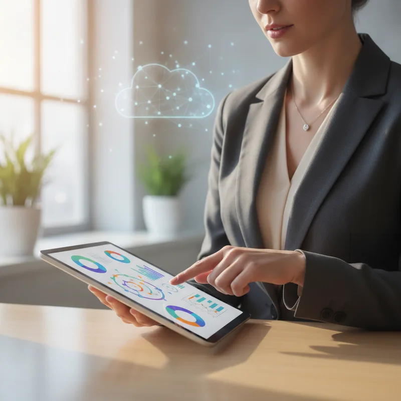 Professional business woman analyzing real-time data on a tablet using cloud ERP systems