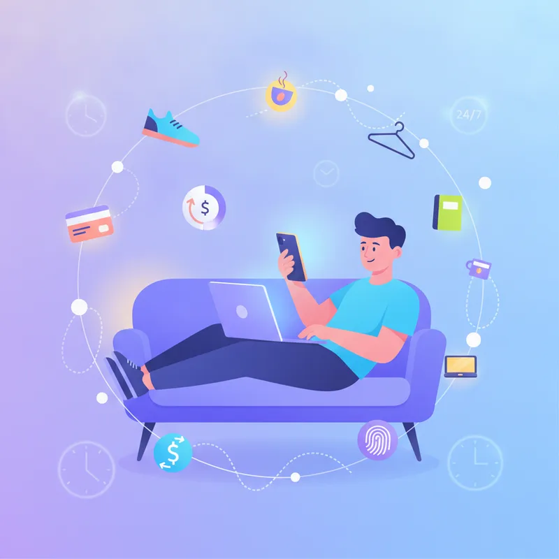 Bir akıllı telefon ve bilgisayar kullanarak online alışveriş yapan bir kişinin, e-ticaretin 7/24 erişilebilirliğini ve kolaylığını vurgulayan modern bir illüstrasyon.