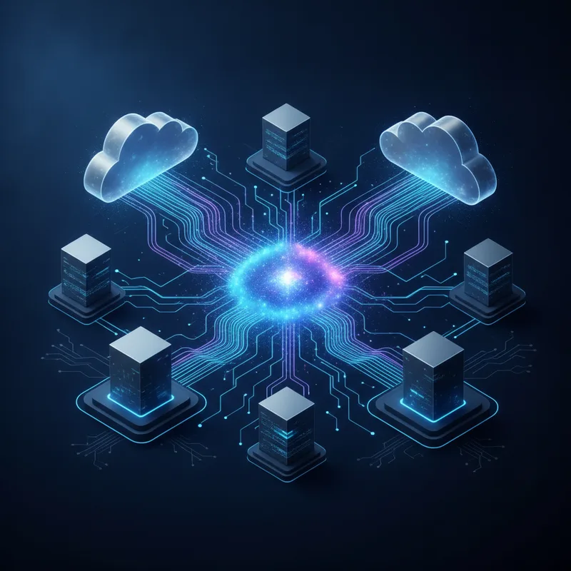 Bir alan adının (domain) hosting sunucularına bağlandığını g&ouml;steren dijital ve soyut bir ill&uuml;strasyon.