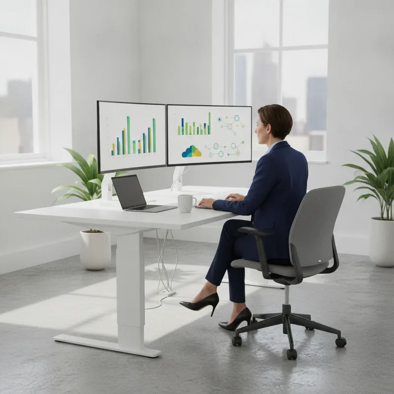 A modern accountant managing e-defter processes and analyzing financial data on dual monitors.