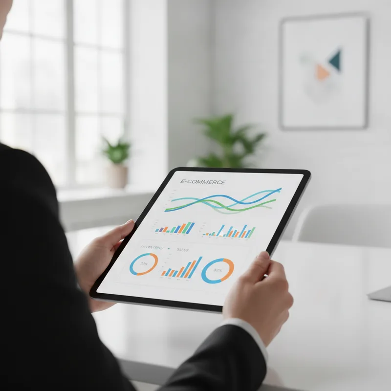 E-ticaret araçları nelerdir sorusuna yanıt veren, tablet üzerinde e-ticaret yönetim paneli inceleyen profesyonel.