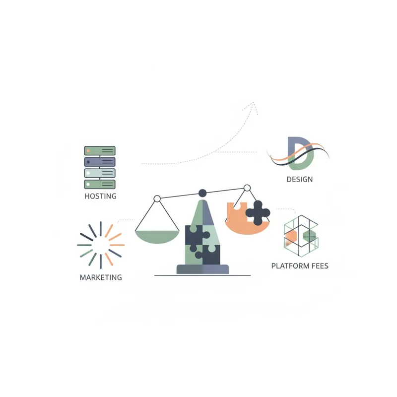 Modern illustration showing various e-commerce cost items like hosting, design, and marketing coming together, emphasizing the comprehensive nature of costs.