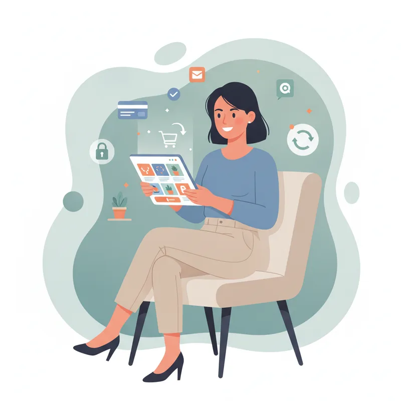 Bir kadın girişimcinin tabletinden online mağazasını kolayca yönettiği modern bir illüstrasyon. Çevresinde ürün görselleri, alışveriş sepeti ve ödeme ikonları gibi e-ticaret unsurları, e-ticaret paketlerinin iş süreçlerini nasıl basitleştirdiğini gösteriyor.