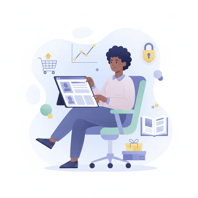 A modern illustration depicting a person easily managing an e-commerce website via a tablet or laptop, surrounded by icons representing features like product management, order tracking, and payment integration.
