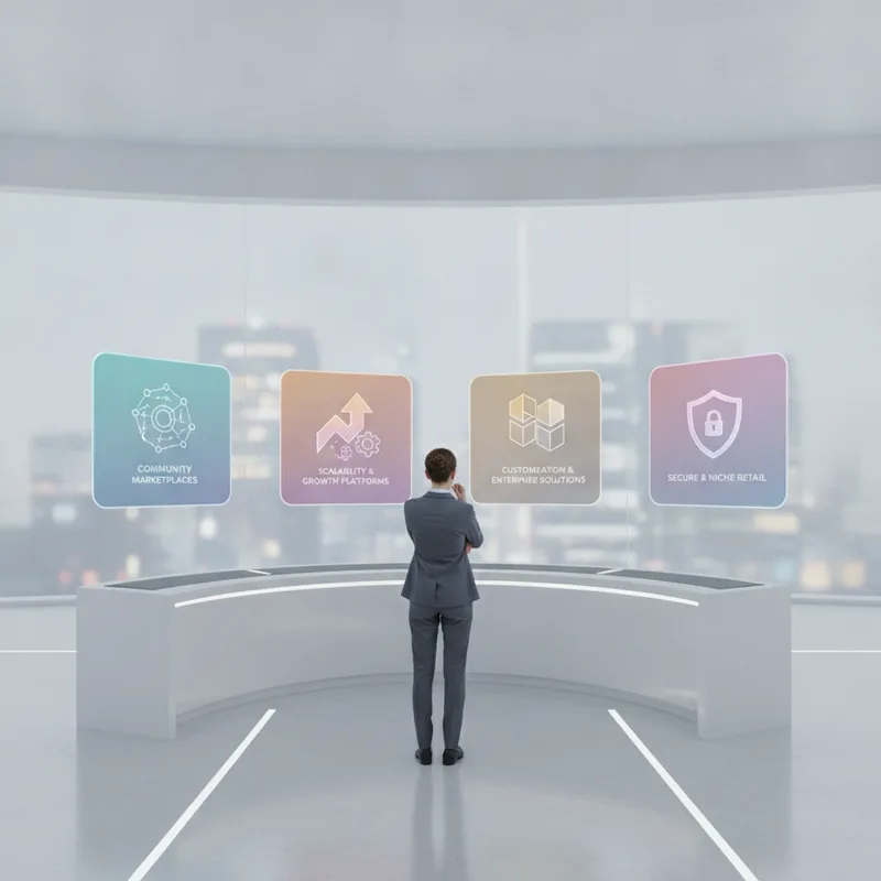 A photorealistic image of a person thoughtfully examining various e-commerce platform options, emphasizing the importance of making the right choice.