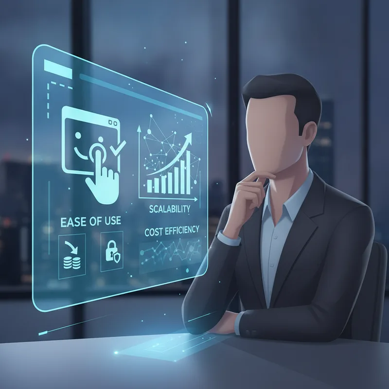 Bir iş insanının e-ticaret platformu seçiminde kullanım kolaylığı ve ölçeklenebilirlik gibi kritik faktörleri değerlendirdiğini gösteren modern bir illüstrasyon.