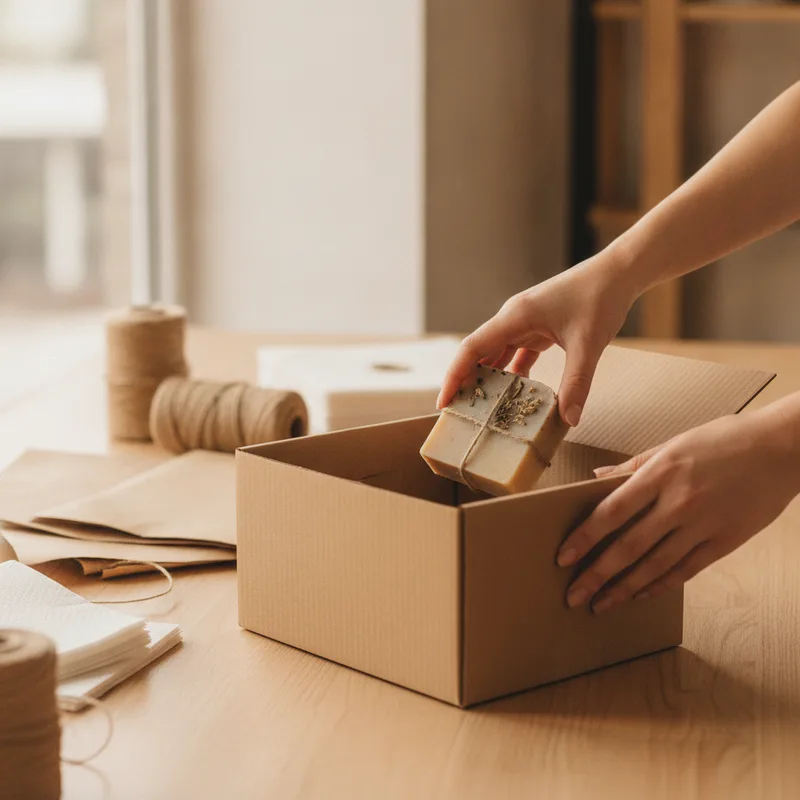 Hands of a worker packing an order during the e-commerce inventory management process