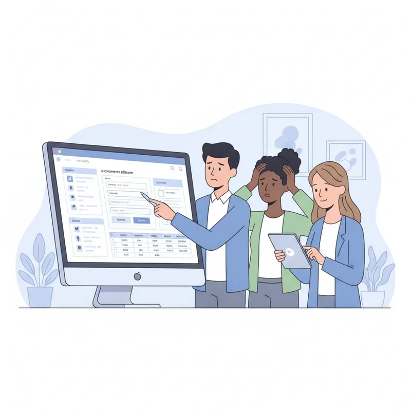 Eski bir e-ticaret platformunun sınırlamalarıyla karşılaşan, çözüm arayan bir grup küçük işletme sahibi.