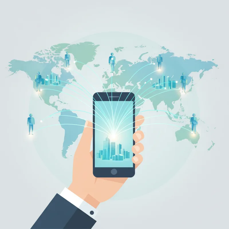 Bir akıllı telefon aracılığıyla küresel müşteri kitlesine erişimi ve bağlantıyı gösteren modern illüstrasyon.