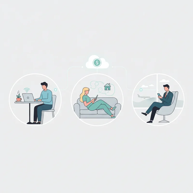 Farklı konumlarda (kafe, ev, havaalanı) farklı cihazlar (dizüstü, tablet, akıllı telefon) kullanarak bulut muhasebe programına erişen kişileri gösteren modern bir illüstrasyon.