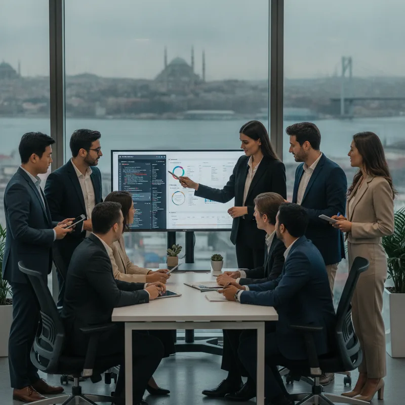 İstanbul'da bir yazılım firması ekibinin, modern bir ofis ortamında işbirliği yaparak proje üzerinde çalıştığını gösteren fotogerçekçi bir fotoğraf. Arka planda İstanbul silüeti hafifçe görünüyor.