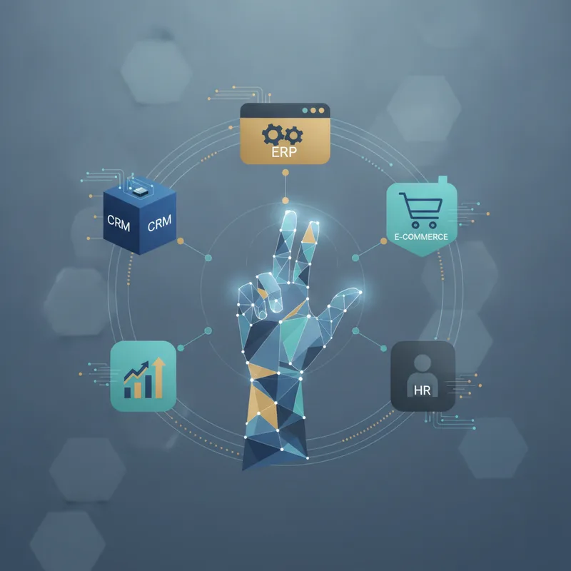 İşletmelerin farklı departmanları için özelleştirilmiş yazılım çözümlerinin entegrasyonunu ve verimlilik artışını gösteren bir görsel. CRM, ERP ve e-ticaret gibi modüller birbiriyle bağlantılı.