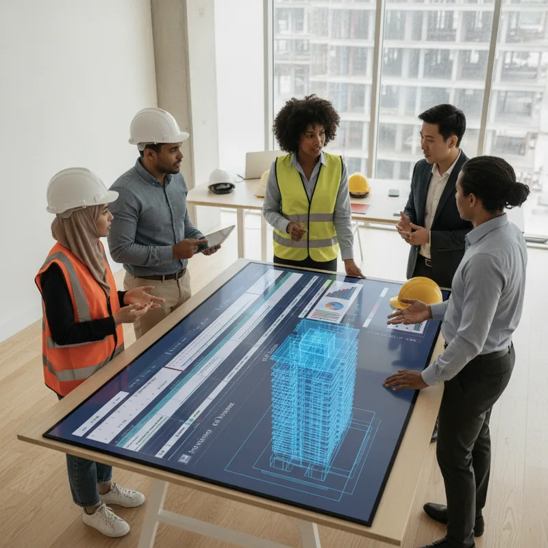 Visual depicting construction project managers performing comprehensive project planning and progress tracking via an ERP system.